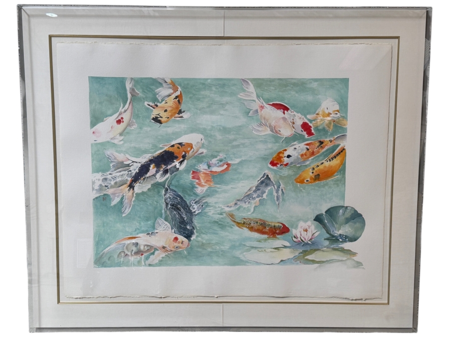 Just Added - Stunning Large Original Chinese Watercolor Painting Of Koi Fish On Paper 42 X 30 Encased In An Acrylic Framed 61.5W X 50.5H X 3D Artist Signed