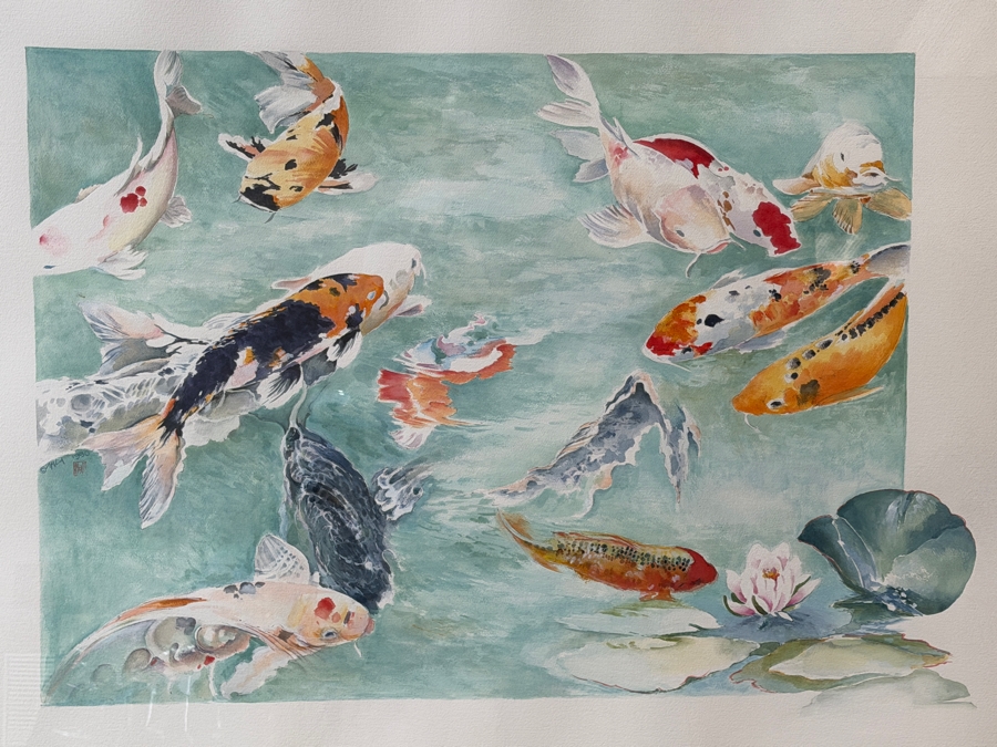 Just Added - Stunning Large Original Chinese Watercolor Painting Of Koi Fish On Paper 42 X 30 Encased In An Acrylic Framed 61.5W X 50.5H X 3D Artist Signed [Photo 2]