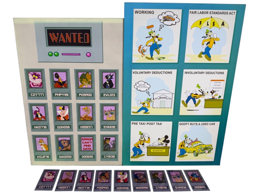 Just Added - Pair Of Walt Disney World Or Disneyland 1990s Cast Member Training Signs With (9) Character Training Cards - 20' X 30' And 18.25' X 27.5'