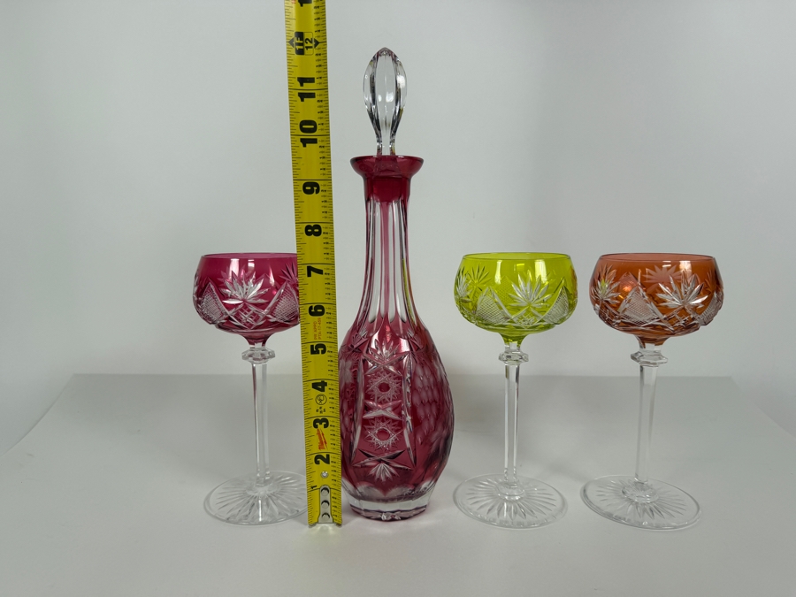Just Added - Vintage German Nachtmann Traube Cut Crystal Decanter 12'H With (3) Vintage Saint-Lambert Cut Crystal Berncastel Pattern Stemware Glasses 7.25'H [Photo 6]