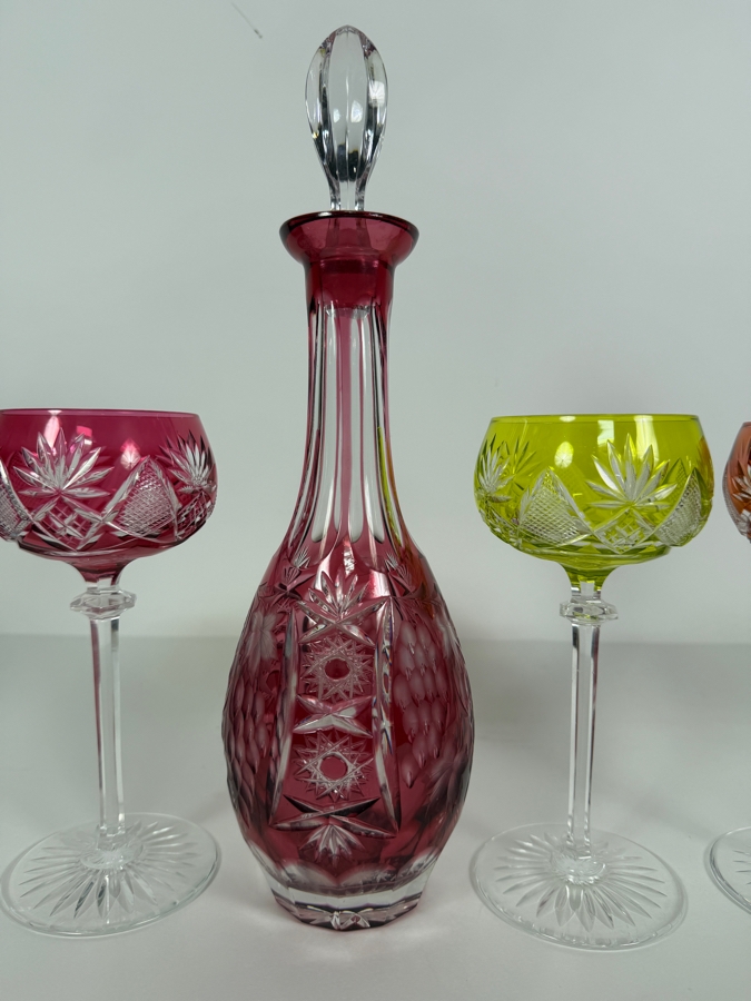 Just Added - Vintage German Nachtmann Traube Cut Crystal Decanter 12'H With (3) Vintage Saint-Lambert Cut Crystal Berncastel Pattern Stemware Glasses 7.25'H [Photo 4]