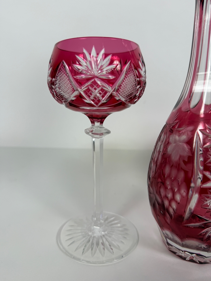 Just Added - Vintage German Nachtmann Traube Cut Crystal Decanter 12'H With (3) Vintage Saint-Lambert Cut Crystal Berncastel Pattern Stemware Glasses 7.25'H [Photo 5]