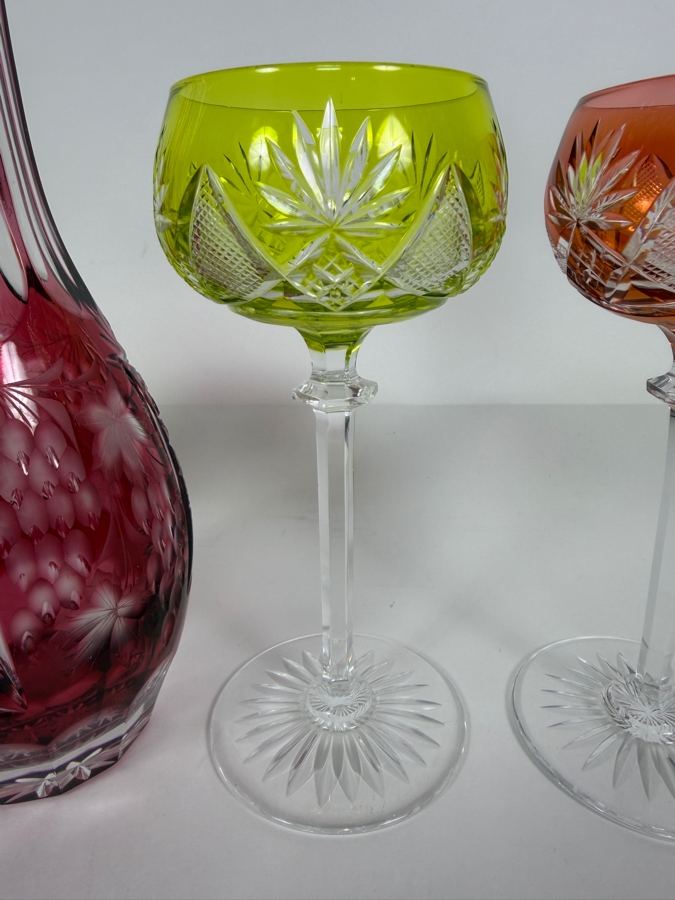 Just Added - Vintage German Nachtmann Traube Cut Crystal Decanter 12'H With (3) Vintage Saint-Lambert Cut Crystal Berncastel Pattern Stemware Glasses 7.25'H [Photo 2]