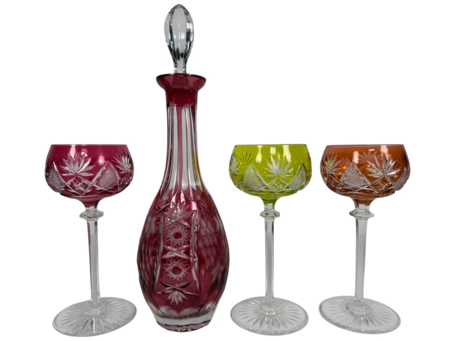 Just Added - Vintage German Nachtmann Traube Cut Crystal Decanter 12'H With (3) Vintage Saint-Lambert Cut Crystal Berncastel Pattern Stemware Glasses 7.25'H