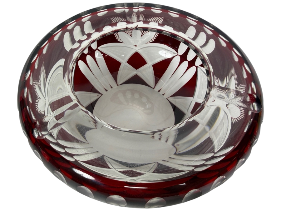 Just Added - Vintage Bohemian Cut Crystal Ruby Red Ashtray 7W X 3H