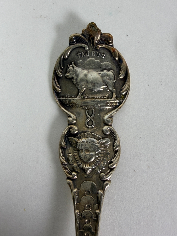Ornate Sterling Silver Taurus April Zodiac Spoon 5'L, Butter Knife And (3) Berry Forks 61.1g ($138 Melt Value) [Photo 3]