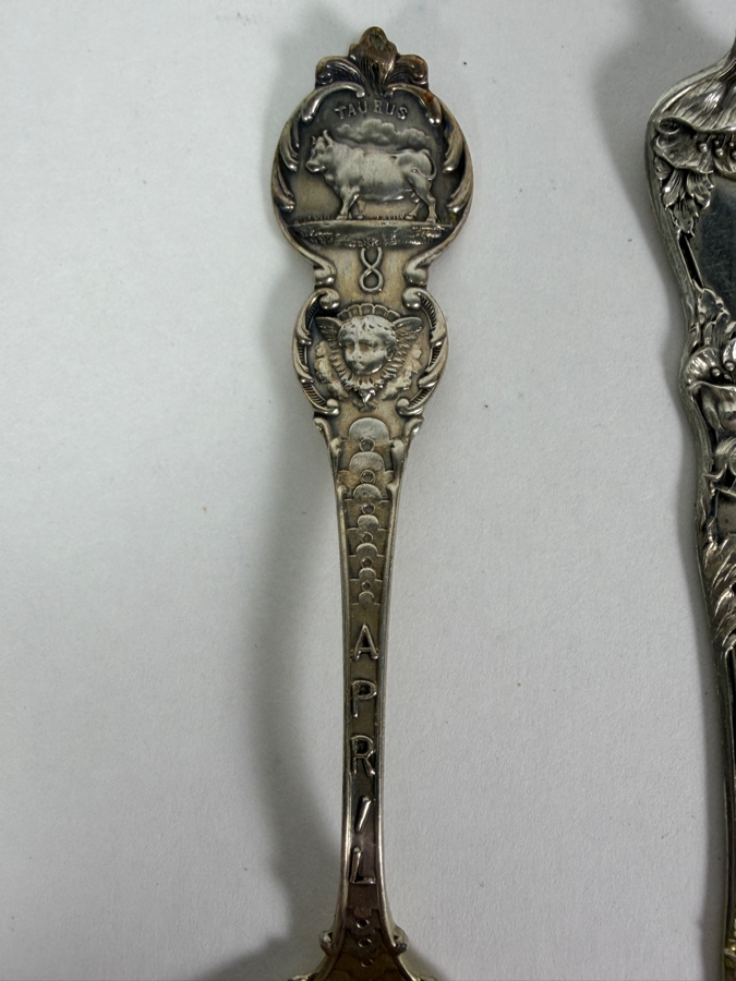 Ornate Sterling Silver Taurus April Zodiac Spoon 5'L, Butter Knife And (3) Berry Forks 61.1g ($138 Melt Value) [Photo 2]