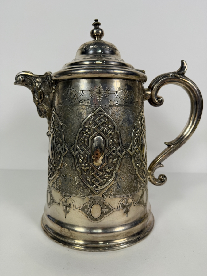 Stunning Antique Victorian Era Silverplate Pitcher With Hinged Lid (Bottom Round Plate Needs Welding Repair) 12H [Photo 5]