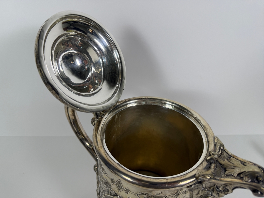 Stunning Antique Victorian Era Silverplate Pitcher With Hinged Lid (Bottom Round Plate Needs Welding Repair) 12H [Photo 11]