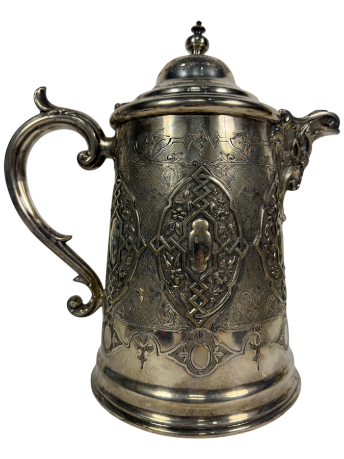 Stunning Antique Victorian Era Silverplate Pitcher With Hinged Lid (Bottom Round Plate Needs Welding Repair) 12H
