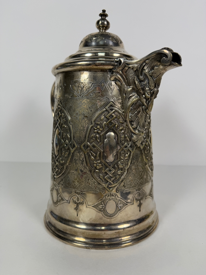 Stunning Antique Victorian Era Silverplate Pitcher With Hinged Lid (Bottom Round Plate Needs Welding Repair) 12H [Photo 2]