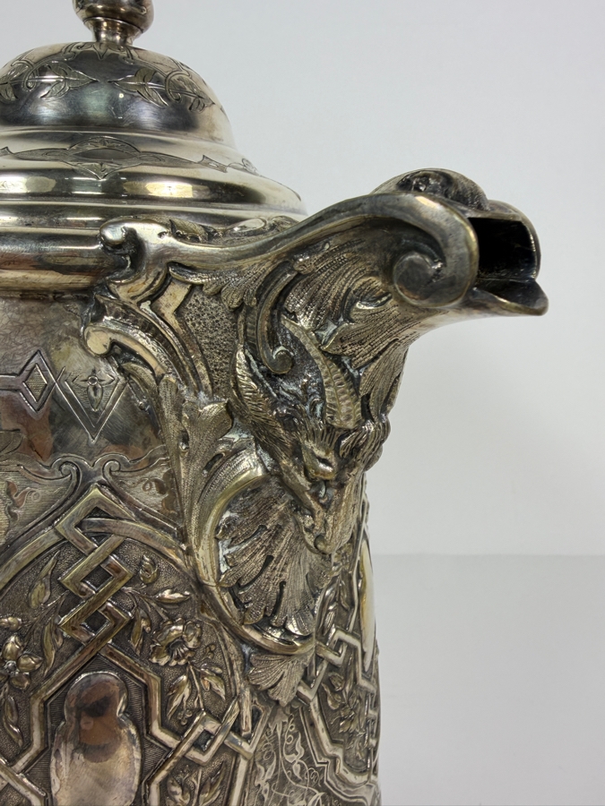 Stunning Antique Victorian Era Silverplate Pitcher With Hinged Lid (Bottom Round Plate Needs Welding Repair) 12H [Photo 4]