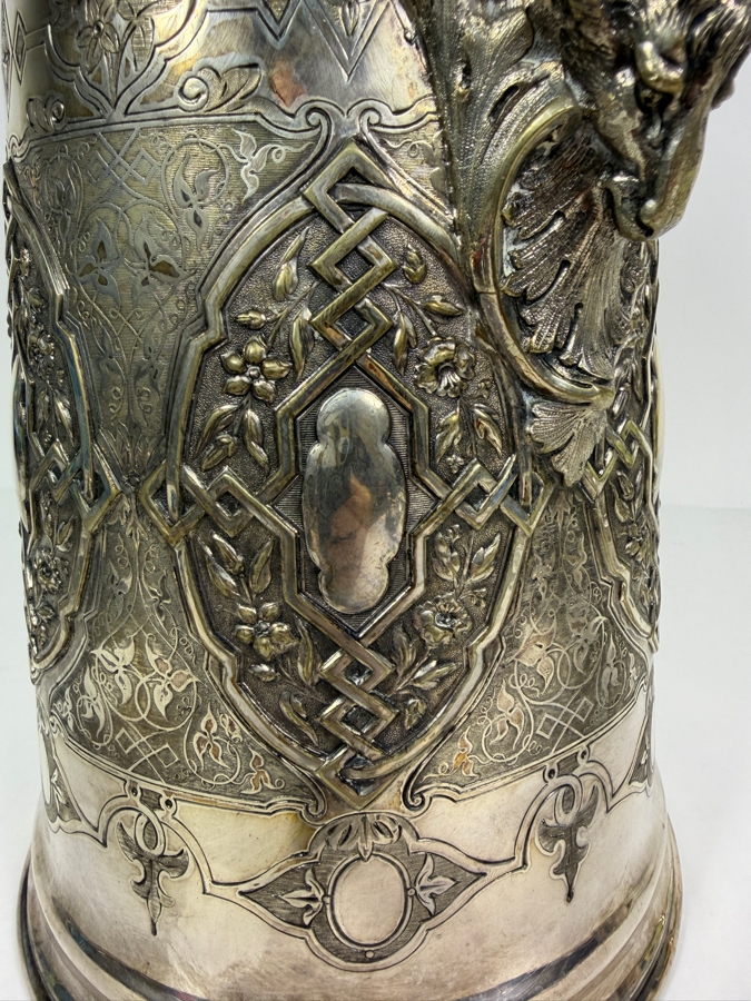 Stunning Antique Victorian Era Silverplate Pitcher With Hinged Lid (Bottom Round Plate Needs Welding Repair) 12H [Photo 3]