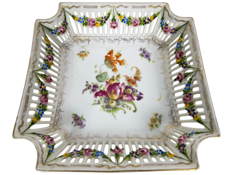 Antique Hand-painted Porcelain Dish With Reticulated Open-Lattice Design By Union T In Czechoslovakia Kenilworth Studios 8.5W X 8D X 2.25H