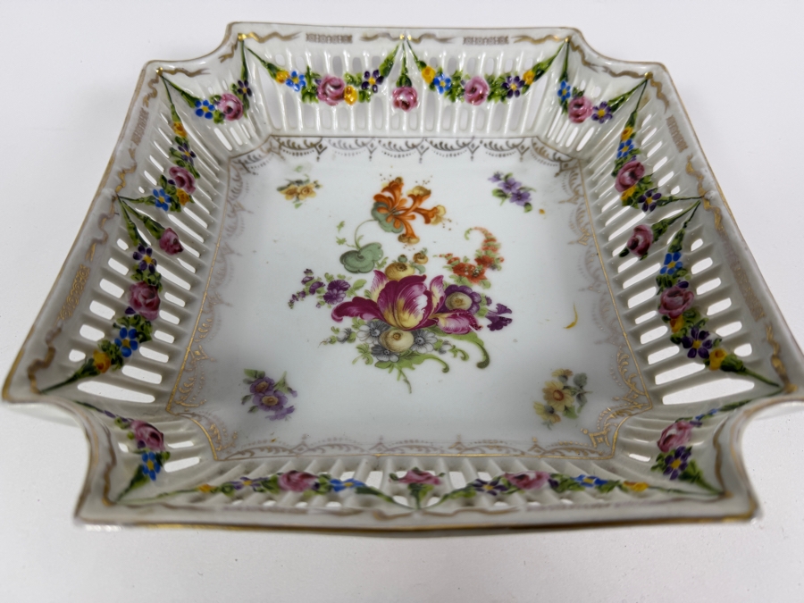 Antique Hand-painted Porcelain Dish With Reticulated Open-Lattice Design By Union T In Czechoslovakia Kenilworth Studios 8.5W X 8D X 2.25H [Photo 2]