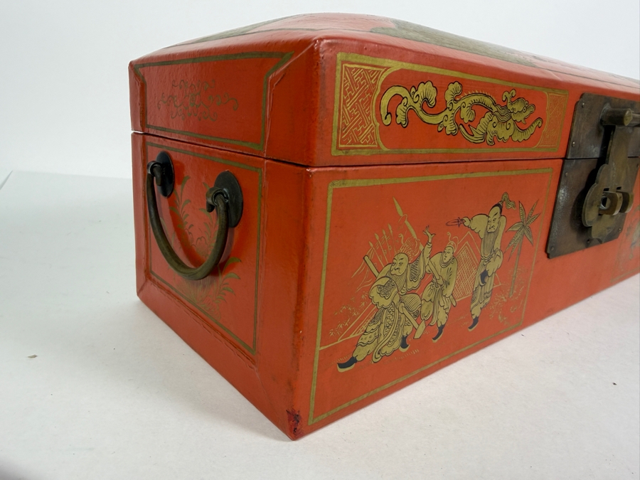 Antique 1840 Chinese Wooden Red Lacquered Chest Scroll Box 18.5W X 6D X 6H [Photo 7]