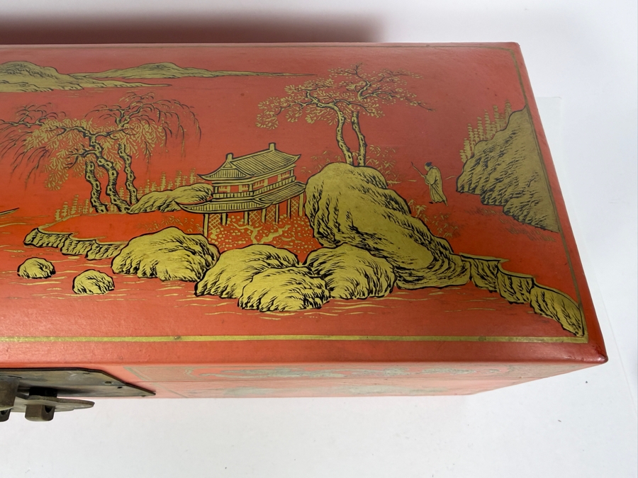 Antique 1840 Chinese Wooden Red Lacquered Chest Scroll Box 18.5W X 6D X 6H [Photo 6]