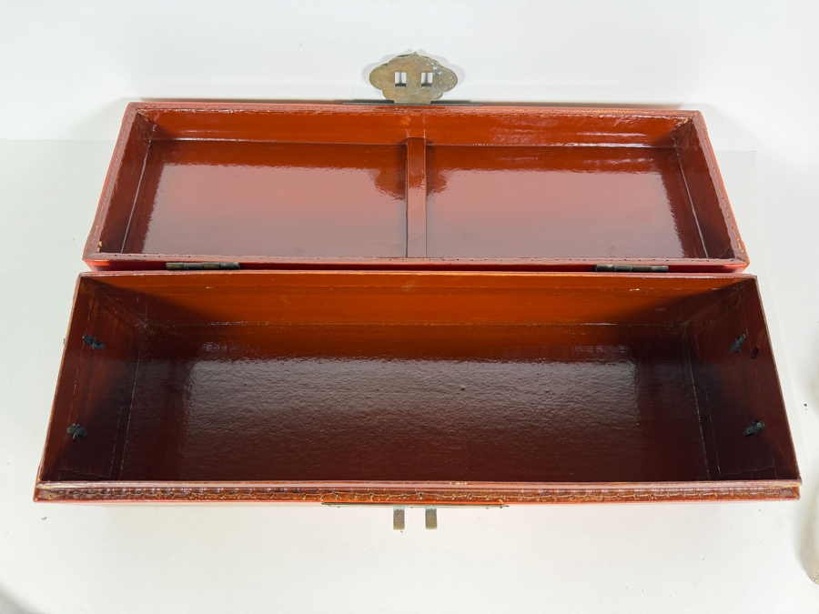 Antique 1840 Chinese Wooden Red Lacquered Chest Scroll Box 18.5W X 6D X 6H [Photo 11]