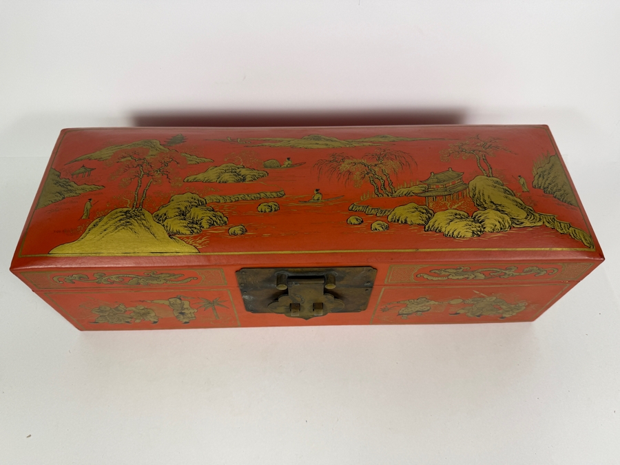 Antique 1840 Chinese Wooden Red Lacquered Chest Scroll Box 18.5W X 6D X 6H [Photo 3]
