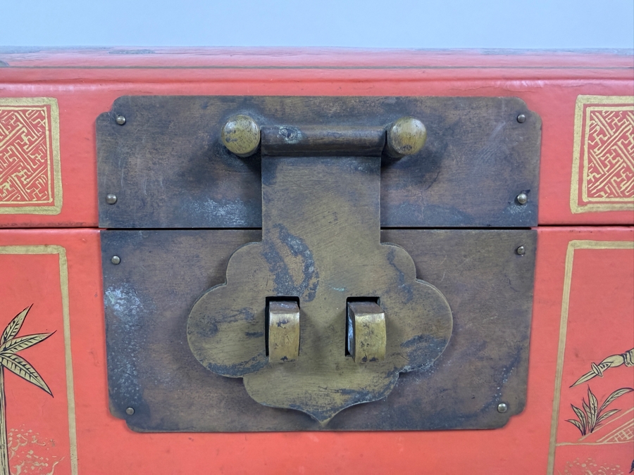 Antique 1840 Chinese Wooden Red Lacquered Chest Scroll Box 18.5W X 6D X 6H [Photo 8]