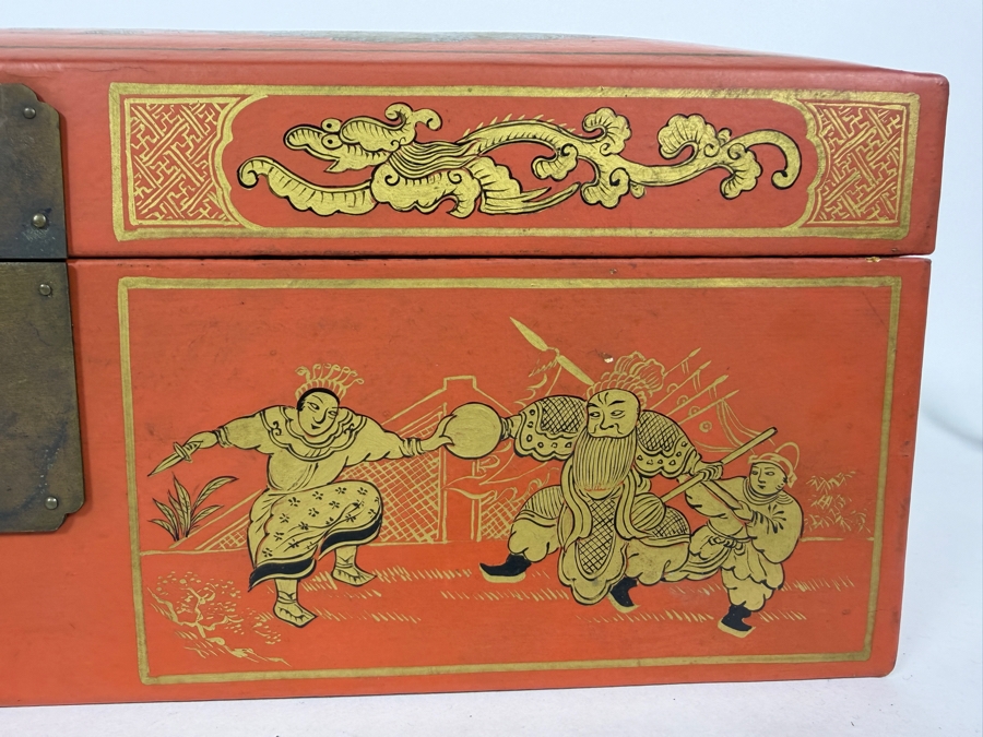 Antique 1840 Chinese Wooden Red Lacquered Chest Scroll Box 18.5W X 6D X 6H [Photo 9]