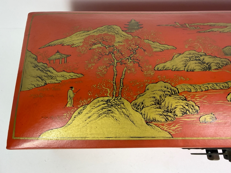 Antique 1840 Chinese Wooden Red Lacquered Chest Scroll Box 18.5W X 6D X 6H [Photo 4]
