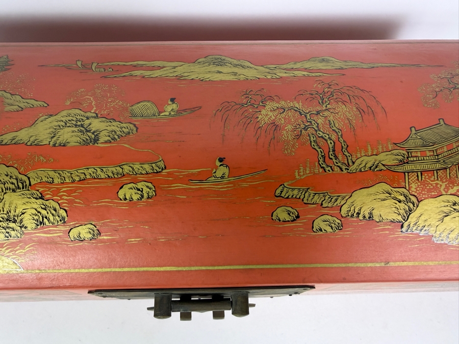 Antique 1840 Chinese Wooden Red Lacquered Chest Scroll Box 18.5W X 6D X 6H [Photo 5]