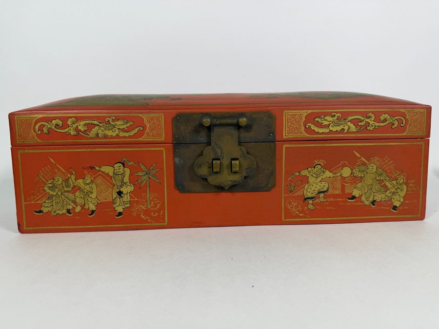 Antique 1840 Chinese Wooden Red Lacquered Chest Scroll Box 18.5W X 6D X 6H [Photo 2]