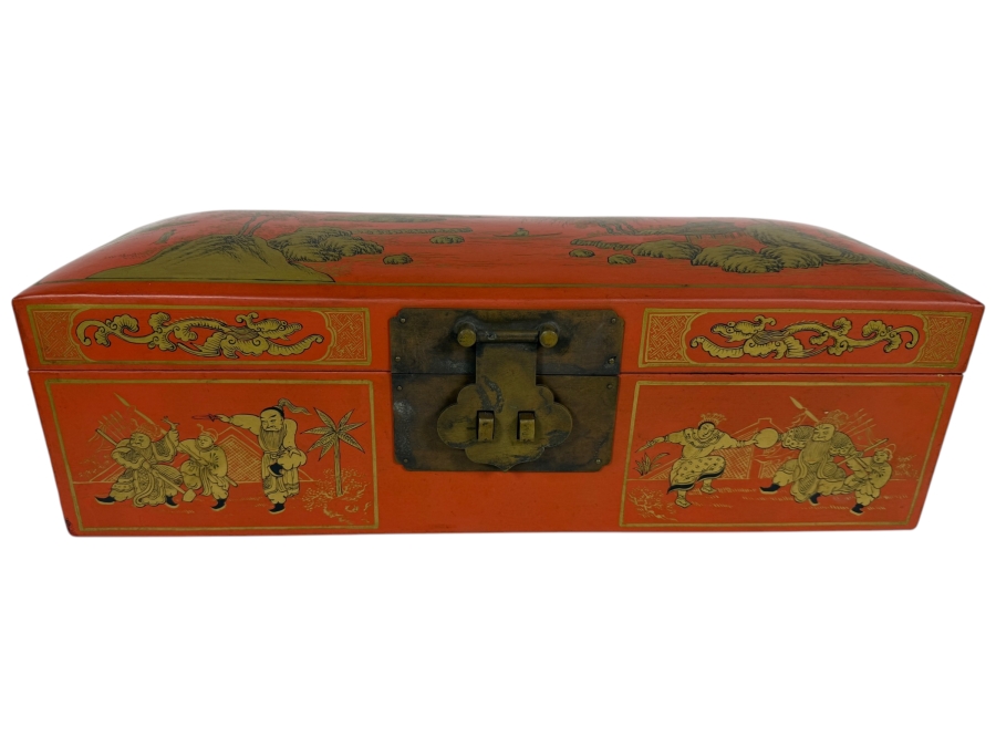 Antique 1840 Chinese Wooden Red Lacquered Chest Scroll Box 18.5W X 6D X 6H