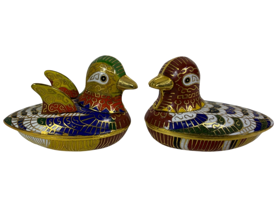 Pair Of Vintage Chinese Cloisonne Mallard Duck Trinket Boxes 3W