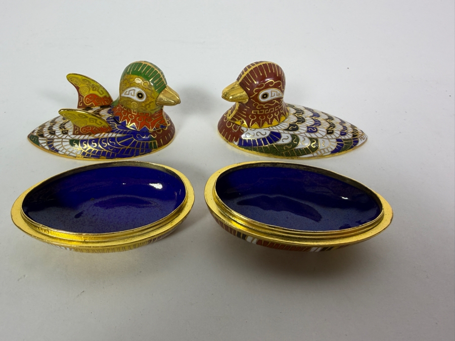 Pair Of Vintage Chinese Cloisonne Mallard Duck Trinket Boxes 3W [Photo 4]