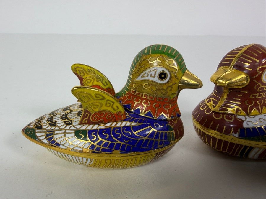 Pair Of Vintage Chinese Cloisonne Mallard Duck Trinket Boxes 3W [Photo 2]