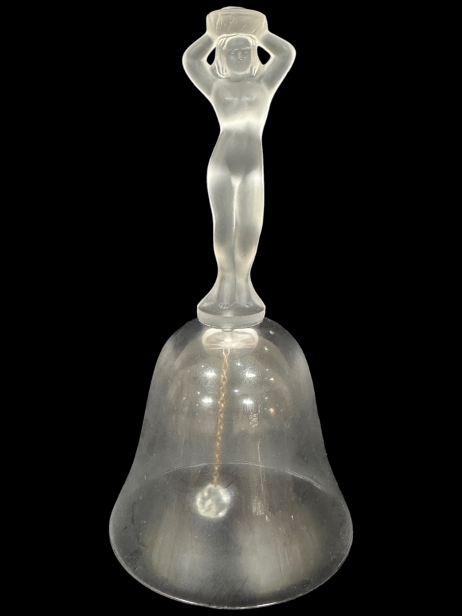 Vintage Bayel France Bacchante Frosted Nude Female Figurine Clear Lead Crystal Bell 7'H