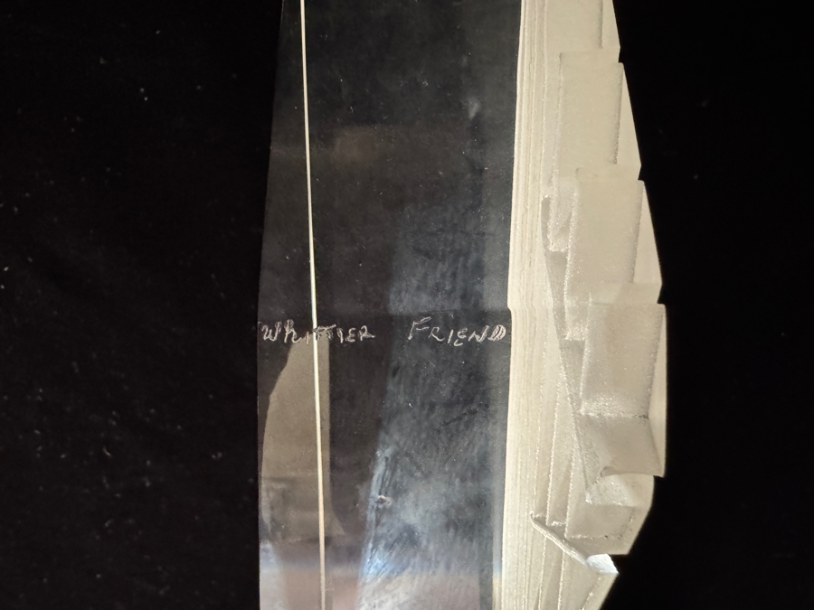 Vintage 1988 Peter VanderLaan Signed Deeply Cut Linear Bevel Geometric Triangular Clear Art Glass Sculpture Titled: 'Whittier Friend' 5'H 7.5'W X 3.25'H [Photo 5]