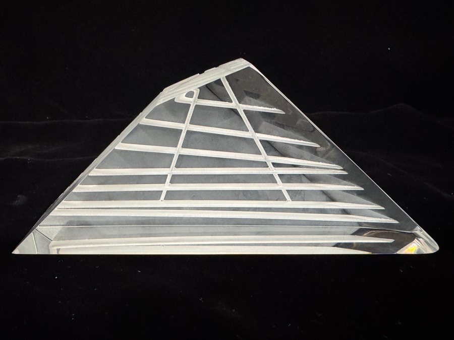 Vintage 1988 Peter VanderLaan Signed Deeply Cut Linear Bevel Geometric Triangular Clear Art Glass Sculpture Titled: 'Whittier Friend' 5'H 7.5'W X 3.25'H [Photo 3]