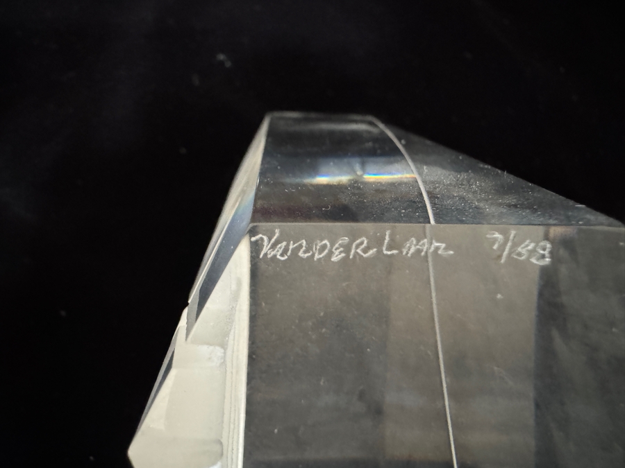 Vintage 1988 Peter VanderLaan Signed Deeply Cut Linear Bevel Geometric Triangular Clear Art Glass Sculpture Titled: 'Whittier Friend' 5'H 7.5'W X 3.25'H [Photo 4]