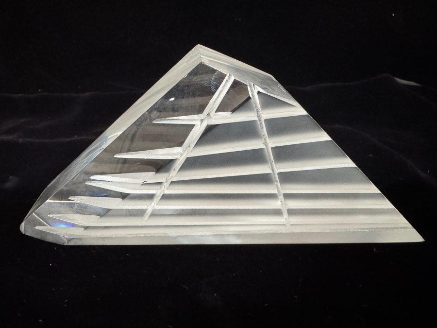 Vintage 1988 Peter VanderLaan Signed Deeply Cut Linear Bevel Geometric Triangular Clear Art Glass Sculpture Titled: 'Whittier Friend' 5'H 7.5'W X 3.25'H