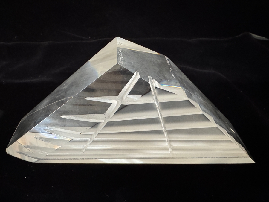 Vintage 1988 Peter VanderLaan Signed Deeply Cut Linear Bevel Geometric Triangular Clear Art Glass Sculpture Titled: 'Whittier Friend' 5'H 7.5'W X 3.25'H [Photo 2]