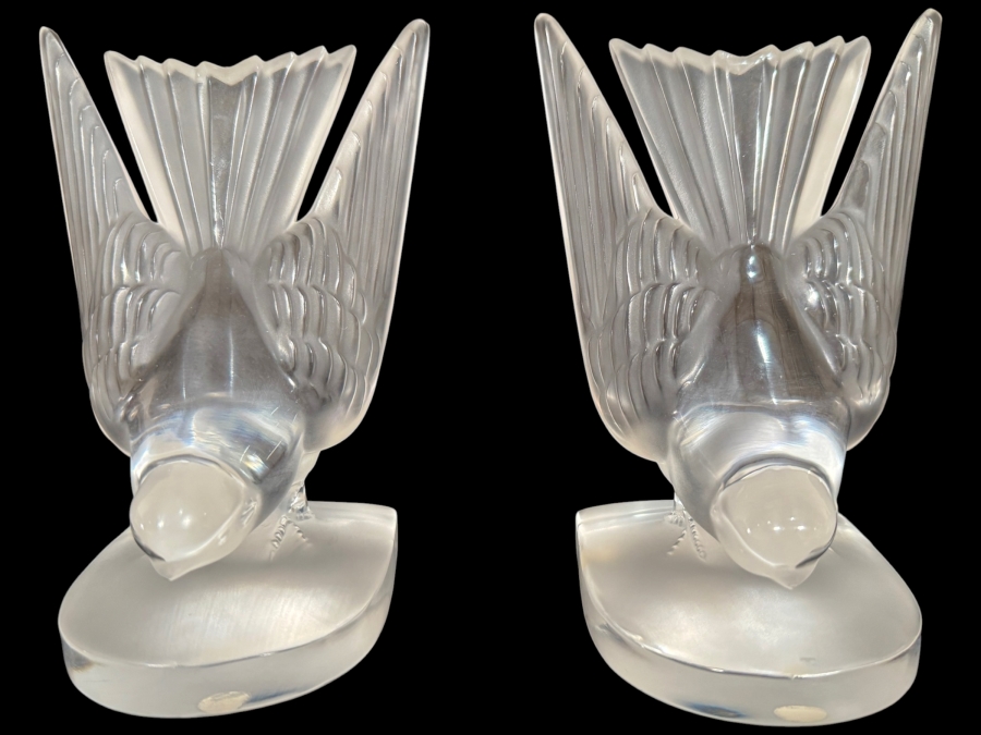 Vintage Signed Lalique France Frosted And Clear Crystal Hirondelles Swallow Birds Paperweight Bookends Set Of 2 6.25'H