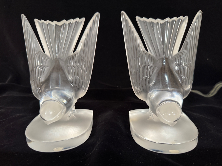 Vintage Signed Lalique France Frosted And Clear Crystal Hirondelles Swallow Birds Paperweight Bookends Set Of 2 6.25'H [Photo 2]