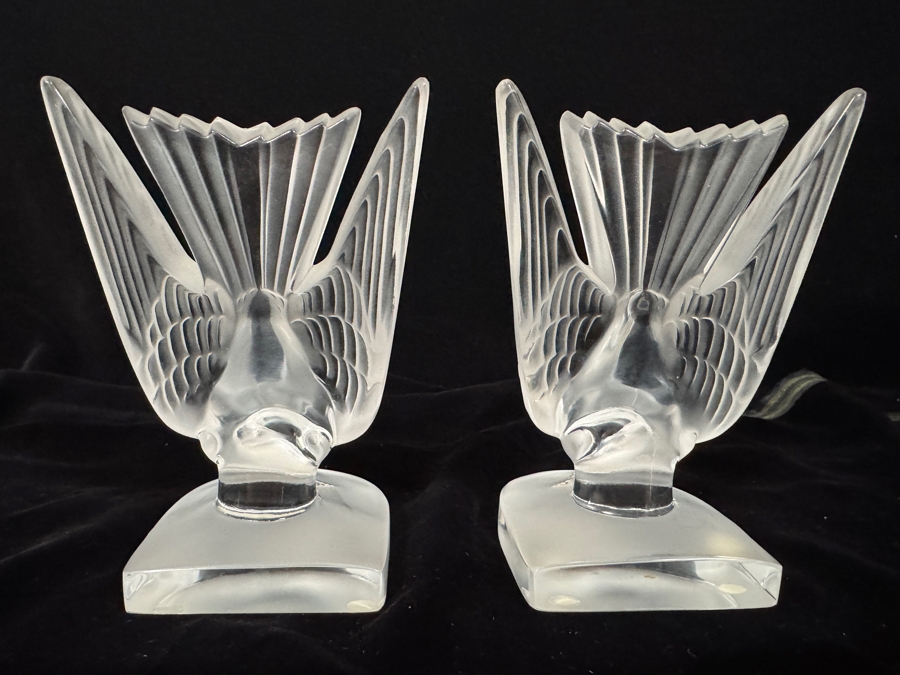 Vintage Signed Lalique France Frosted And Clear Crystal Hirondelles Swallow Birds Paperweight Bookends Set Of 2 6.25'H [Photo 4]
