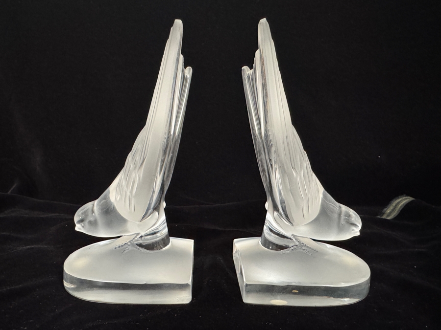 Vintage Signed Lalique France Frosted And Clear Crystal Hirondelles Swallow Birds Paperweight Bookends Set Of 2 6.25'H [Photo 3]