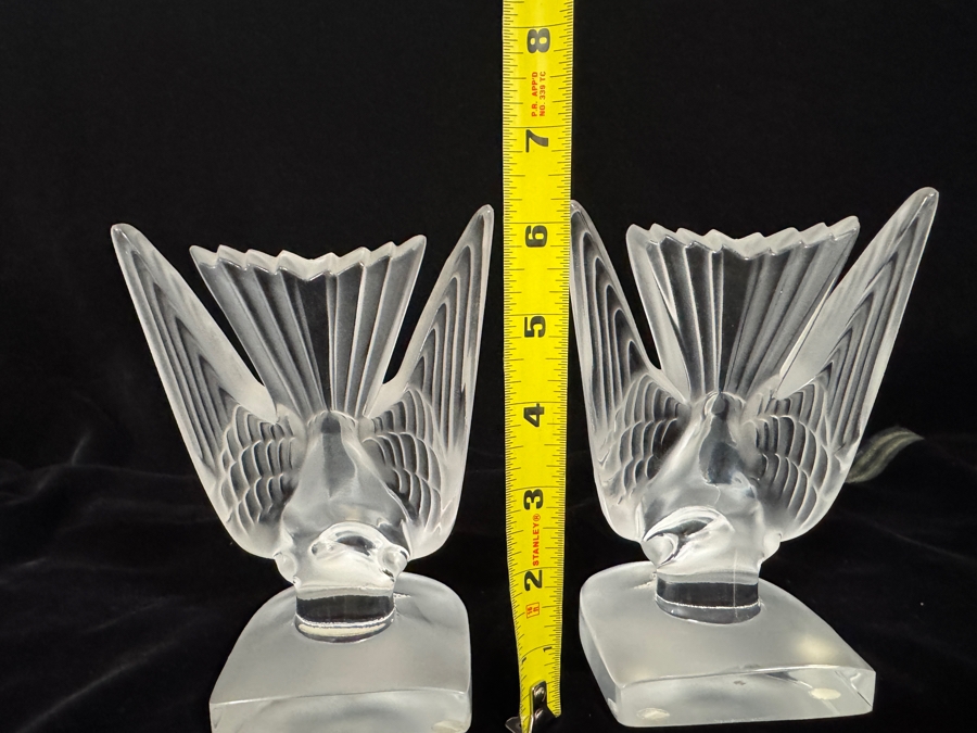 Vintage Signed Lalique France Frosted And Clear Crystal Hirondelles Swallow Birds Paperweight Bookends Set Of 2 6.25'H [Photo 5]