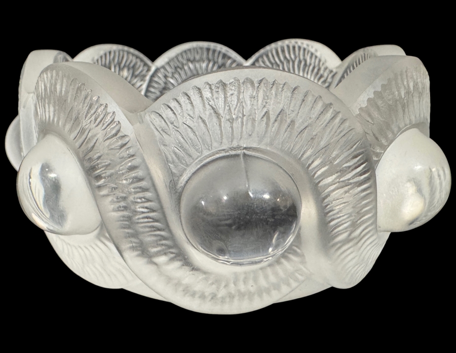 Vintage Lalique France Frosted Crystal Gao Pattern Art Deco Small Trinket Bowl Ashtray 4'W X 2'H