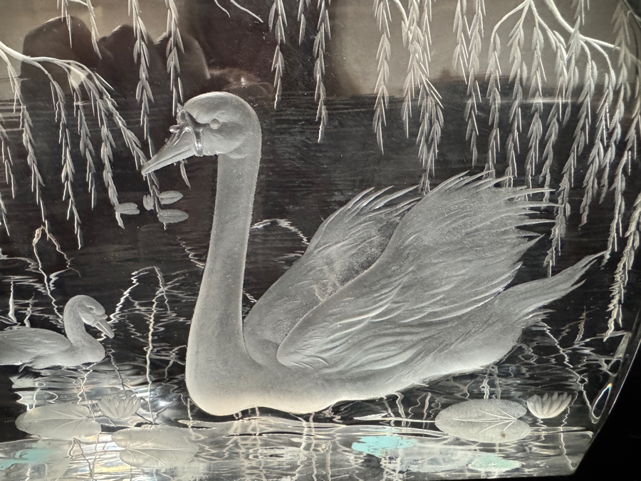 Vintage Moser Bohemia Czech Republic Frosted Intaglio Reverse Carved Wildlife Series Swans Under Weeping Willow Crystal Block Sculpture 5.5'H [Photo 3]
