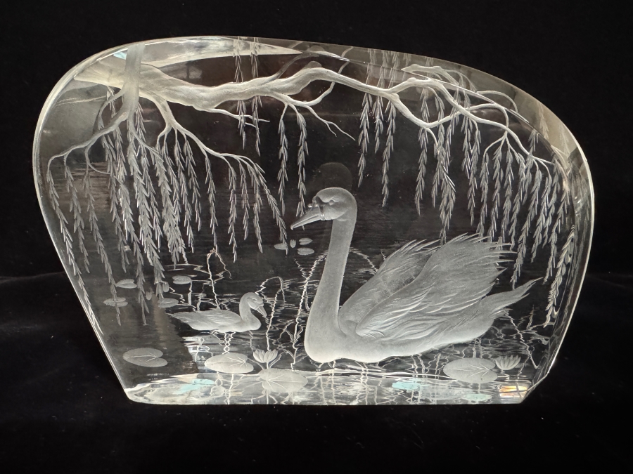Vintage Moser Bohemia Czech Republic Frosted Intaglio Reverse Carved Wildlife Series Swans Under Weeping Willow Crystal Block Sculpture 5.5'H [Photo 2]