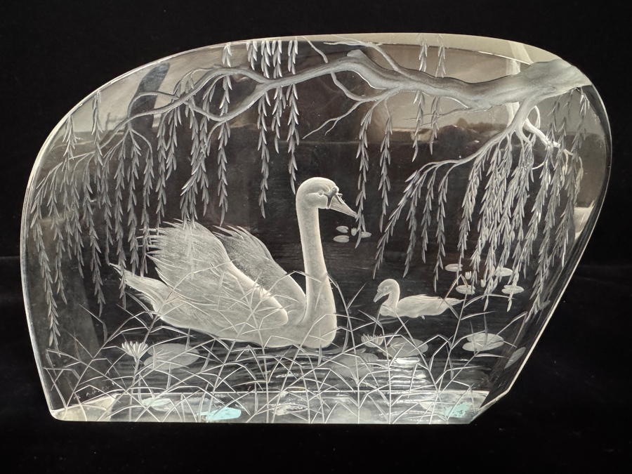 Vintage Moser Bohemia Czech Republic Frosted Intaglio Reverse Carved Wildlife Series Swans Under Weeping Willow Crystal Block Sculpture 5.5'H
