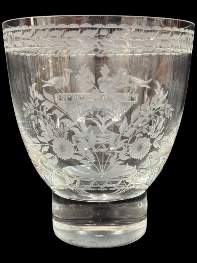Antique 19th Century George III Style Copper Wheel Engraved Birds Fruit Floral Basket Thick Clear Crystal Wine Glass Rinser Bucket Bowl 6'H [Photo 2]