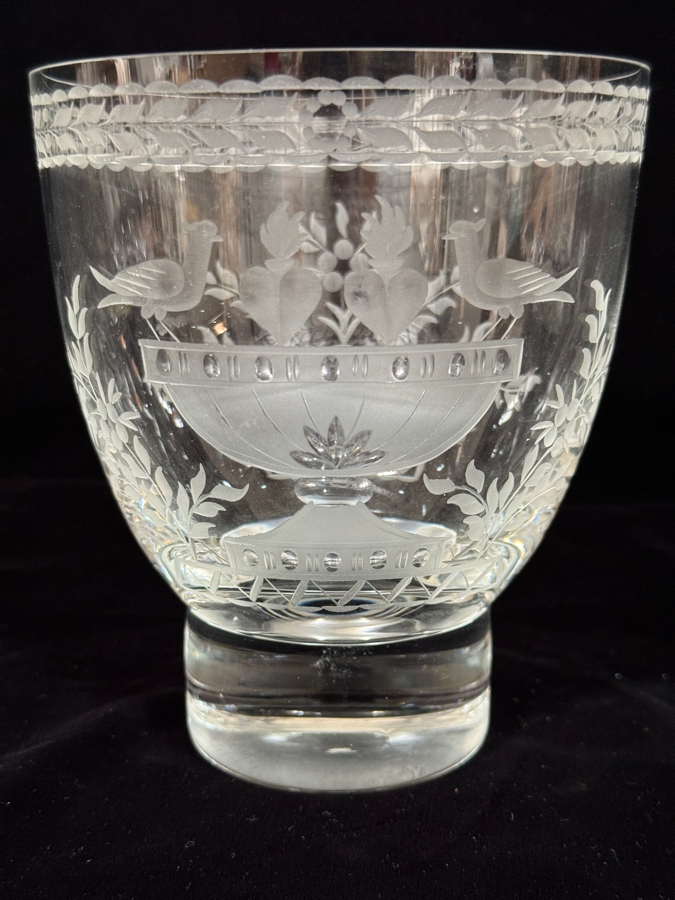 Antique 19th Century George III Style Copper Wheel Engraved Birds Fruit Floral Basket Thick Clear Crystal Wine Glass Rinser Bucket Bowl 6'H