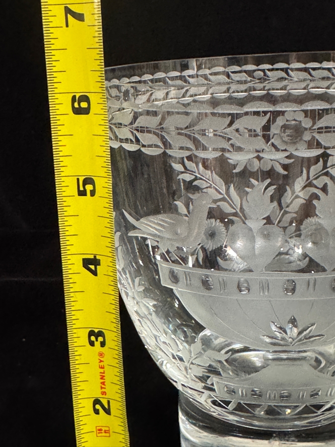Antique 19th Century George III Style Copper Wheel Engraved Birds Fruit Floral Basket Thick Clear Crystal Wine Glass Rinser Bucket Bowl 6'H [Photo 4]